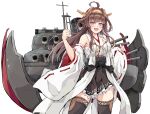  1girl ahoge bare_shoulders black_skirt black_thighhighs blush brown_hair cowboy_shot dairyo3 detached_sleeves double_bun frilled_skirt frills hair_bun hairband headgear highres japanese_clothes kantai_collection kongou_(kancolle) kongou_kai_ni_(kancolle) long_hair looking_at_viewer machinery nontraditional_miko open_mouth pleated_skirt purple_eyes ribbon-trimmed_sleeves ribbon_trim rigging simple_background skirt smile solo thighhighs turret white_background white_sleeves wide_sleeves 
