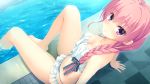  arm_support bikini bikini_skirt blush braid breasts cleavage eyebrows_visible_through_hair from_above game_cg hair_over_shoulder highres kobuichi leaning_back long_hair looking_at_viewer medium_breasts mitsukasa_ayase official_art pink_eyes pink_hair poolside riddle_joker sitting soaking_feet solo swimsuit water 