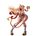 animal_humanoid big_breasts bikini blonde_hair blue_eyes bra breasts briefs cat_humanoid clothing eden&#039;s_ritter_grenze felid felid_humanoid feline feline_humanoid fingerless_gloves footwear gloves grey_clothing grey_footwear grey_socks hair handwear hi_res huge_breasts humanoid mammal mammal_humanoid meow_mao_(eden&#039;s_ritter_grenze) naglfar navel red_scarf scarf shoes sneakers socks solo swimwear tail tan_body tan_skin underwear visor yellow_tail