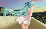  1girl :o absurdres aqua_eyes aqua_hair aqua_nails artist_name bare_shoulders bracelet breasts day dress floating_hair hair_between_eyes hair_ribbon hamano_(hamafino) hatsune_miku highres jewelry leaf leaning_forward light_blush long_hair looking_at_viewer looking_back mountainous_horizon outdoors parted_lips ribbon sidelocks sky sleeveless sleeveless_dress small_breasts solo spaghetti_strap standing sundress twintails very_long_hair vocaloid white_dress wind 