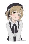  :d ahoge amakusa_tobari bangs beret black_hat black_neckwear black_ribbon black_skirt blush brown_eyes brown_hair collared_shirt dress_shirt eyebrows_visible_through_hair flower hair_flower hair_ornament hair_rings hat hatoba_tsugu hatoba_tsugu_(character) head_tilt long_sleeves looking_at_viewer neck_ribbon open_mouth ribbon rose shirt short_hair simple_background skirt smile solo suspender_skirt suspenders twitter_username upper_body white_background white_flower white_rose white_shirt wing_collar 