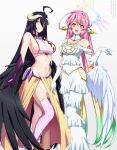  2girls :d ahoge albedo_(overlord) albedo_(overlord)_(cosplay) angel angel_wings asymmetrical_legwear bare_shoulders black_feathers black_hair black_wings blonde_hair breasts brown_footwear cleavage closed_mouth collarbone compass_rose_halo cosplay costume_switch cropped_shirt crossover demon_girl demon_horns demon_wings dress elbow_gloves english_commentary feathered_wings feathers gloves gradient_hair green_hair groin hair_between_eyes halo hand_on_own_hip highres hip_vent horns jibril_(no_game_no_life) jibril_(no_game_no_life)_(cosplay) large_breasts lindaroze long_bangs long_dress long_hair long_skirt looking_at_viewer low_wings midriff mismatched_legwear multicolored_hair multiple_girls navel no_game_no_life open_mouth overlord_(maruyama) pink_hair pink_shirt pink_thighhighs purple_gloves shirt shoes sideboob sidelocks simple_background single_shoe single_thighhigh skindentation skirt sleeveless sleeveless_shirt slit_pupils smile socks standing strapless strapless_dress striped_clothes striped_socks tattoo thighhighs very_long_hair web_address white_background white_dress white_gloves white_horns white_wings wing_ears wings yellow_eyes yellow_skirt 