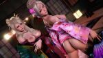  2girls 3d areolae ass blonde_hair breasts erect_nipples female flower hair_flower hair_ornament honey_select indoors kimono long_hair looking_at_viewer looking_back metagraphy multiple_girls nipples soles source_filmmaker tattoo wafuku yellow_eyes 