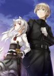  1boy 1girl animal_ears ayakura_juu belt black_coat black_gloves coat commentary_request dress gloves grey_hair highres long_hair looking_afar looking_at_another myuri_(spice_and_wolf) official_art outdoors ponytail red_eyes shinsetsu_spice_and_wolf sky smile sword tail tote_col weapon white_dress white_gloves wolf_ears wolf_girl wolf_tail 