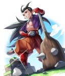  1boy 1other belt bone_necklace boots club_(weapon) dragon_quest dragon_quest_builders_2 gloves grass grin hand_on_own_hip highres jacket katsutake long_hair outdoors pointy_ears puffy_pants purple_jacket red_eyes red_footwear red_gloves rock sidoh_(dqb2) slime_(dragon_quest) smile spiked_club standing sunlight teeth weapon 