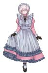  1girl apron black_footwear blue_eyes dress faust_(project_moon) full_body highres juliet_sleeves limbus_company long_sleeves looking_at_viewer medium_hair njaja_kanja parted_lips pink_dress project_moon puffy_sleeves shoes solo white_apron white_hair 