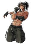  1girl army bandaged_wrist bandages bare_shoulders black_gloves black_hair black_sports_bra blue_eyes breasts brown_eyes burn_scar character_request commission cross-body_stretch crossed_arms dark-skinned_female dark_skin english_commentary fingerless_gloves gloves heterochromia highres long_bangs looking_to_the_side medium_breasts midriff muscular muscular_female navel original parted_lips pink_lips ponytail scar scar_on_face scar_on_stomach sgt_crisis shiny_skin soldier solo sports_bra stretching tan white_background 