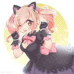  absurdres angelica_(k3lly) animal_ears artist_name black_cat_d.va black_dress black_gloves blonde_hair blush bow bracelet breasts brown_eyes cat_ears cleavage d.va_(overwatch) dress earrings eyebrows_visible_through_hair gloves hair_bow heart heart_earrings heart_print highres jewelry looking_at_viewer medium_breasts one_eye_closed overwatch paw_pose pearl_bracelet pink_bow puffy_short_sleeves puffy_sleeves short_sleeves solo tongue tongue_out twintails twitter_username 