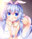  all_fours animal_ears blue_eyes blue_hair blush breasts bunny_ears bunny_tail commentary_request eyebrows_visible_through_hair fake_animal_ears gochuumon_wa_usagi_desu_ka? hair_bobbles hair_ornament hairband kafuu_chino long_hair looking_at_viewer low_twintails open_mouth sasai_saji small_breasts solo tail thighhighs twintails white_legwear x_hair_ornament 