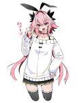  1boy \m/ animal_ears astolfo_(fate) astolfo_(saber)_(fate) bare_shoulders black_bow black_thighhighs blush bow bra bra_strap choker collarbone commentary_request cowboy_shot eyes_visible_through_hair fake_animal_ears fangs fate/apocrypha fate/grand_order fate_(series) frilled_thighhighs frills hair_between_eyes hair_bow hair_intakes hand_on_own_hip hand_up haoro highres long_hair looking_at_viewer male_focus miniskirt multicolored_hair open_mouth otoko_no_ko pink_hair purple_eyes rabbit_ears simple_background skin_fangs skirt solo standing streaked_hair sweater thighhighs tongue translated two-tone_hair underwear very_long_hair white_background white_hair white_sweater zettai_ryouiki 