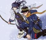  1boy 1girl ainu ainu_clothes asirpa belt_pouch boots bow_(weapon) cloak commentary_request floating_hair from_above full_body fur_cloak golden_kamuy hat headband holding holding_bow_(weapon) holding_weapon long_hair looking_ahead military_hat military_uniform on_one_knee popogano pouch scar scar_on_face scarf short_hair snowing sugimoto_saichi uniform weapon white_cloak 