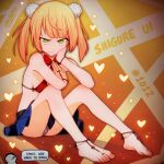  1boy 1girl artist_name artist_self-insert bare_legs barefoot_sandals_(jewelry) bikini blonde_hair breasts character_name colored_skin english_text feet glaring gradient_background green_eyes hand_on_own_face heart indie_virtual_youtuber long_nose looking_at_viewer multicolored_hair orange_background orange_hair pale_skin panties pantyshot red_bikini shigure_ui_(vtuber) sitting skirt small_breasts solo_focus spiked_hair srgrafo swimsuit toenails twintails two-tone_hair underwear virtual_youtuber white_skin yellow_background 