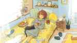  1girl bed black_cat book brown_hair cat clock closed_eyes cup curtains day drawer flip-flops food glasses holding holding_book indoors long_sleeves lying notebook official_art picture_frame plant plate potted_plant sandals short_hair smile socks solo stuffed_animal stuffed_fish stuffed_toy sweater twin-mix window 