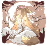 angelica_(k3lly) artist_name bangs blurry blush blush_stickers branch commentary crescent_moon depth_of_field dress eyebrows_visible_through_hair flower hair_flower hair_ornament head_wreath highres k3lly long_hair moon original pink_flower sitting solo tail very_long_hair white_dress wolf_tail 