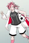  1boy :d ball closed_eyes eyebrow_cut fate/grand_order fate_(series) hair_over_one_eye highres jacket long_sleeves low_ponytail male_focus multicolored_hair red_hair shirt shorts simple_background smile soccer_ball soccer_uniform socks solo sportswear streaked_hair takasugi_shinsaku_(fate) twitter_username white_jacket wristband 