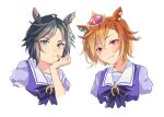  2girls animal_ears blush bow bowtie cropped_torso crown ear_ornament ear_piercing fuji_kiseki_(umamusume) fxtsr grey_hair hair_between_eyes head_rest horse_ears horse_girl horseshoe_ornament looking_at_viewer mini_crown multicolored_hair multiple_girls orange_hair piercing pleated_skirt puffy_short_sleeves puffy_sleeves purple_bow purple_bowtie purple_eyes purple_serafuku purple_shirt sailor_collar sailor_shirt school_uniform serafuku shirt short_hair short_sleeves skirt smile streaked_hair summer_uniform t.m._opera_o_(umamusume) tracen_school_uniform two-tone_hair umamusume white_background white_hair 