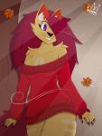 5_fingers alexa_(vivzlover) anthro breasts canid canine canis clothing female fingers hair hi_res leaf mammal plant purple_eyes red_clothing red_hair smile solo sweater topwear tree vivzlover wind wolf yellow_body