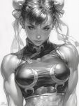  alternate_costume bare_shoulders breasts chun-li clasp double_bun earrings eyeshadow hair_bun high_collar highres jewelry makeup medium_breasts monochrome muscular muscular_female nhoeskape shaded_face shadow signature simple_background standing street_fighter 