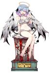  1girl absurdres barefoot black_souls black_tail black_wings blood bloody_wings blue_eyes blue_hair bra demon_girl demon_tail demon_wings english_text fang feathered_wings fingernails frilled_bra frills gradient_hair halo head_wings heart heart-shaped_pupils highres lingeriena_(black_souls) looking_at_viewer multicolored_hair navel nyong_nyong one_eye_closed pink_hair simple_background sitting skull smile solo symbol-shaped_pupils tail toenails underwear white_background white_bra white_wings wings 