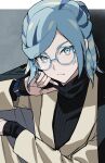  1boy absurdres black_sweater blue_eyes blue_hair closed_mouth expressionless glasses grusha_(pokemon) hair_bun hand_on_own_chin hand_on_own_knee head_tilt highres knee_up long_sleeves looking_at_viewer looking_up male_focus medium_hair multicolored_hair pokemon pokemon_sv round_eyewear sidelocks single_hair_bun sitting solo streaked_hair suit sweater swept_bangs turtleneck turtleneck_sweater tuze111 upper_body watch wristwatch 