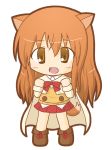  :d animal_ears bangs beige_cape blush boots brown_eyes brown_footwear brown_hair cape chibi collared_shirt commentary_request dog_days dog_ears dog_girl dog_tail eyebrows_visible_through_hair full_body hair_between_eyes long_hair long_sleeves looking_at_viewer open_mouth pleated_skirt red_skirt ricotta_elmar rinechun shirt simple_background skirt smile solo standing sweater_vest tail very_long_hair white_background white_shirt 