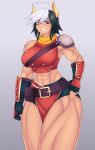  1girl abs absurdres biceps breasts dark-skinned_female dark_skin emma_pressure highres horns large_breasts mature_female multiple_scars muscular muscular_female red_eyes scar short_hair thick_thighs thighs 