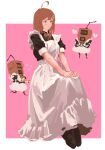  1girl ahoge apron black_dress black_footwear blue_eyes brown_hair closed_mouth dress hod_(project_moon) library_of_ruina loafers lobotomy_corporation maid medium_hair project_moon puffy_short_sleeves puffy_sleeves robot schtiglez shoes short_sleeves sitting smile solo white_apron 