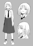  1girl belt collared_shirt commentary_request full_body grey_background greyscale highres indonesian_commentary indonesian_high_school_uniform jacket kurokobokan long_skirt long_sleeves looking_at_viewer monochrome multiple_views necktie open_clothes open_jacket original parted_lips pleated_skirt reference_sheet school_uniform shirt shoes short_hair skirt socks standing v-shaped_eyebrows 