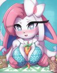 anthro big_breasts blue_eyes blush bow_(feature) bra breasts carrot carrot_between_breasts clothing easter easter_egg eeveelution egg female food fur generation_6_pokemon heart_eyes heart_symbol hi_res holidays nintendo open_mouth open_smile pink_body pink_fur plant pokemon pokemon_(species) ribbons rilex_lenov smile solo sylveon tongue underwear vegetable white_body white_fur