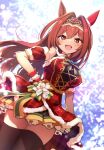  1girl absurdres bare_shoulders breasts brown_eyes brown_hair christmas daiwa_scarlet_(umamusume) dutch_angle ear_covers fang hand_on_own_hip highres horse_girl long_hair looking_at_viewer neko_senshi open_mouth red_eyes single_ear_cover skin_fang solo tiara umamusume zettai_ryouiki 