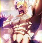  1boy :p abs absurdres arm_up armpit_hair bara black_hair blonde_hair cheekbones completely_nude eros_(erosterone) facial_hair goatee groin hairy highres huge_eyebrows human_fuerte_(great_el_fuerte&#039;s) large_pectorals looking_at_viewer male_focus male_pubic_hair mature_male multicolored_hair muscular muscular_male navel navel_hair nipples nude one_eye_closed original pectorals pointing pointing_at_self pubic_hair seductive_smile short_hair smile solo sparkling_sweat sparse_navel_hair spiked_hair stomach thick_chest_hair thick_mustache tongue tongue_out two-tone_beard two-tone_hair upper_body victory 
