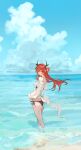  1girl :o arknights ass beach bikini black_bikini blue_sky cloud cumulonimbus_cloud day demon_horns hair_ornament hair_rings highres horns kasumi_yuzuha long_hair looking_at_viewer looking_back ocean outdoors purple_eyes red_hair sky solo standing star_(symbol) star_hair_ornament surtr_(arknights) surtr_(colorful_wonderland)_(arknights) swimsuit swimsuit_cover-up wading 