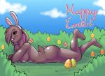 black_sclera breasts brown_body bunny_ear_hat butt diamond_(fours) easter easter_egg egg female fours_(artist) freckles hi_res holidays lagomorph leporid looking_at_viewer lying_on_grass mammal nude original_character rabbit red_eyes solo