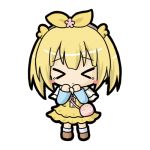  &gt;_&lt; bag bangs blonde_hair blue_shirt blush_stickers brown_footwear capelet character_request chibi closed_eyes closed_mouth commentary_request dress emil_chronicle_online eyebrows_visible_through_hair facing_viewer full_body hair_between_eyes hair_ribbon hair_weapon hands_up long_sleeves lowres ribbon rinechun shirt shoulder_bag simple_background socks solo standing tears twintails white_background white_capelet white_legwear wings yellow_dress yellow_ribbon yellow_wings 