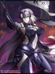  absurdres ahoge arm_up armor armored_dress armpits artist_name bare_shoulders black_legwear breasts chain commentary_request covered_nipples dated eyebrows_visible_through_hair fate/apocrypha fate/grand_order fate_(series) flag fur_trim gauntlets headpiece highres holding holding_sword holding_weapon jeanne_d'arc_(alter)_(fate) jeanne_d'arc_(fate)_(all) large_breasts long_hair looking_at_viewer navel navel_cutout pale_skin parted_lips shiny shiny_hair shiny_skin silver_hair smile solo standing sword teeth thighhighs vilde_loh_hocen weapon yellow_eyes 