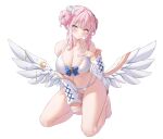  1girl absurdres angel_wings bare_legs bare_shoulders barefoot bikini blue_archive blush breasts cleavage closed_mouth collarbone crescent crescent_hair_ornament crescent_pin double_bun feathered_wings full_body hair_bun hair_ornament highres kneeling large_breasts long_sleeves looking_at_viewer mika_(blue_archive) pink_hair reneua shirt short_hair simple_background solo swimsuit white_background white_bikini white_shirt white_wings wings yellow_eyes 
