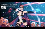  armpits arrow ashe_(league_of_legends) black_dress blue_eyes bow_(weapon) breasts character_name cleavage copyright_name drawing_bow dress hood league_of_legends long_hair medium_breasts open_mouth psychicjin silver_hair solo thighhighs weapon white_hair 