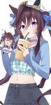  1girl :3 ^_^ absurdres animal_ears black_skirt blue_eyes blue_ribbon blue_shirt bow bowtie brown_hair casual chibi closed_eyes cup disposable_cup drinking_straw drinking_straw_in_mouth ear_covers ezaki_hiyori facing_viewer hair_between_eyes hair_ribbon highres holding holding_cup horse_ears horse_girl horseshoe_ornament jewelry long_hair looking_at_viewer midriff mole mole_under_eye multiple_views navel pleated_skirt puffy_short_sleeves puffy_sleeves purple_bow purple_bowtie purple_serafuku purple_shirt ribbon ring sailor_collar sailor_shirt school_uniform serafuku shirt short_sleeves simple_background single_ear_cover skirt tracen_school_uniform twintails umamusume vivlos_(umamusume) white_background white_skirt 