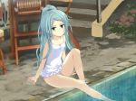  blue_eyes blue_hair blush breasts bush casual_one-piece_swimsuit chair closed_mouth collarbone eyebrows_visible_through_hair feet_out_of_frame frilled_swimsuit frills head_tilt hide38 high_ponytail long_hair looking_at_viewer official_art one-piece_swimsuit ponytail pool poolside satou_kozue_(seabed) seabed sitting small_breasts smile soaking_feet solo stairs swimsuit very_long_hair water white_swimsuit 