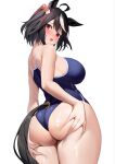  1girl absurdres ahoge alternate_costume animal_ears ass bare_shoulders black_hair blue_one-piece_swimsuit breasts commentary_request dush_1154 hair_between_eyes hands_on_own_ass highres horse_ears horse_girl horse_tail kitasan_black_(umamusume) large_breasts looking_at_viewer looking_back multicolored_hair one-piece_swimsuit short_hair simple_background solo streaked_hair swimsuit tail two_side_up umamusume white_background white_hair 