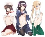  3girls black_hair black_pantyhose blonde_hair blue_eyes breasts brown_eyes brown_hair clothes_lift clothes_pull commentary_request covering_breasts covering_privates groin gym_shirt hand_on_own_chest hands_on_own_chest highres kasumigaoka_utaha katou_megumi kneeling lifted_by_self long_hair long_sleeves looking_at_viewer medium_breasts midiman multiple_girls navel no_bra pants pants_pull pantyhose pulled_by_self red_eyes saenai_heroine_no_sodatekata sawamura_spencer_eriri school_uniform shirt shirt_lift short_hair simple_background skirt skirt_pull small_breasts track_pants transparent_background twintails underboob 