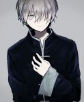 1boy black_shirt bright_pupils chinese_clothes closed_mouth clothing_request commentary_request grey_background grey_eyes grey_hair hair_over_one_eye hand_on_own_chest long_sleeves mochiosamu_ron original pale_skin shirt short_hair simple_background solo upper_body white_pupils 
