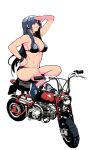  bangs bikini black_bikini black_eyes black_hair blue_footwear bracelet breasts cleavage collar commentary cross cross_earrings earrings full_body ground_vehicle hand_on_hip indian_style jewelry large_breasts lips long_hair motor_vehicle motorcycle navel new_balance on_motorcycle original psychicjin shading_eyes shoes simple_background sitting smile sneakers solo swept_bangs swimsuit vehicle_request white_background 