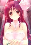  absurdres amazuyu_tatsuki blush bouquet breasts brown_eyes choker cleavage flower hair_flower hair_ornament head_tilt highres holding holding_bouquet jewelry kousaka_tamaki large_breasts long_hair looking_at_viewer red_hair ring smile solo strapless to_heart to_heart_2 twintails upper_body very_long_hair wedding_ring white_flower wrist_cuffs 