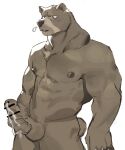anthro bear biceps brown_body dark_nipples ejaculation erection genitals hi_res looking_aside male mammal masturbation muscular muscular_male penis short_tail simple_background solo standing standing_masturbation tail tokuni white_background