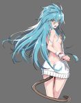  ass blue_eyes blue_hair breasts closers commentary dimples_of_venus dress fang from_behind genderswap genderswap_(mtf) grey_background hair_between_eyes highres long_hair looking_back meme_attire messy_hair nata_(closers) sideboob simple_background small_breasts solo supernew sweatdrop sweater sweater_dress tail very_long_hair virgin_killer_sweater wrist_cuffs 