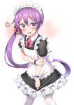  absurdres akebono_(kantai_collection) alternate_costume anger_vein apron arm_grab bangs bell black_dress blush bow bowtie commentary_request dress enmaided eyebrows_visible_through_hair fingernails flower frilled_dress frilled_sleeves frills hair_bell hair_between_eyes hair_flower hair_ornament highres jingle_bell kantai_collection long_hair looking_at_viewer maid maid_apron maid_headdress nedia_(nedia_region) open_mouth pantyhose pink_neckwear puffy_short_sleeves puffy_sleeves purple_eyes purple_hair short_sleeves side_ponytail solo v-shaped_eyebrows very_long_hair wavy_mouth white_apron white_background white_bow white_legwear wrist_cuffs 