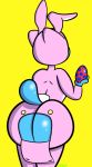  2018 anthro blue_fur bunny_costume bunny_ears_(disambiguation) cartoon_network cat clothing costume digital_media_(artwork) easter_egg eastern english_text exposed_butt feline female fur hi_res holding_object mammal mature_female mother nicole_watterson pajamas parent rear_view simple_background skadog solo standing text the_amazing_world_of_gumball yellow_background 