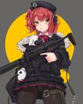  ahoge bangs beret black_hat black_legwear blush bow bowtie candy commentary cowboy_shot emblem food fur_trim girls_frontline gun h&amp;k_mp7 hair_bobbles hair_ornament hat headphones heckler_&amp;_koch highres holding holding_gun holding_weapon ivan_wang jacket lollipop long_sleeves looking_at_viewer mouth_hold mp7_(girls_frontline) off_shoulder panties panties_under_pantyhose pantyhose pantyshot pantyshot_(standing) pink_hair pleated_skirt shirt short_hair side_ponytail skirt sleeves_past_fingers sleeves_past_wrists solo standing striped striped_neckwear submachine_gun suppressor thigh_strap trigger_discipline two-tone_background underwear weapon white_panties white_shirt wing_collar yellow_eyes 