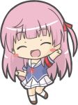  :d ^_^ bangs blue_shirt blush_stickers brown_footwear chibi closed_eyes commentary_request eyebrows_visible_through_hair facing_viewer full_body fuyuumi_ai hair_ribbon kneehighs long_hair one_side_up open_mouth ore_no_kanojo_to_osananajimi_ga_shuraba_sugiru outstretched_arm pink_hair pleated_skirt red_ribbon ribbon rinechun sailor_collar school_uniform serafuku shirt short_sleeves simple_background skirt smile solo standing standing_on_one_leg very_long_hair white_background white_legwear white_sailor_collar white_skirt 